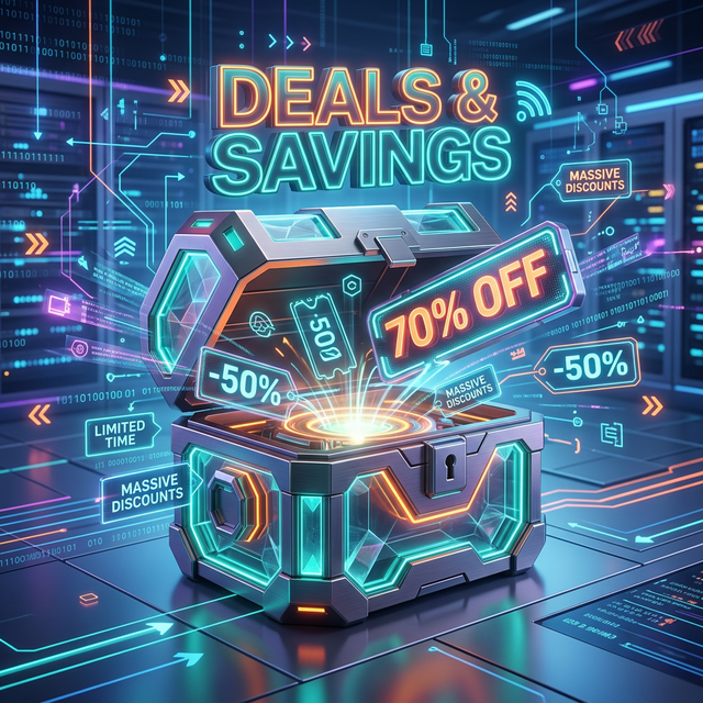 Best Usenet Deals of 2026: High-Tech glowing vault with discount percentages