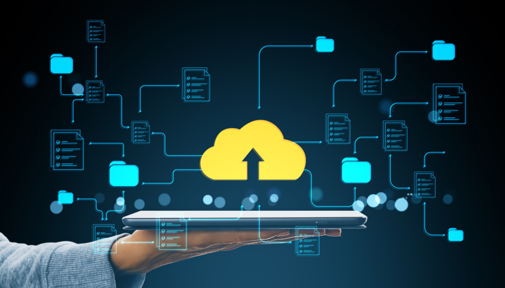 Tablet held by hand with cloud upload icon and floating digital folders and documents on dark background. Represents how to use Usenet.