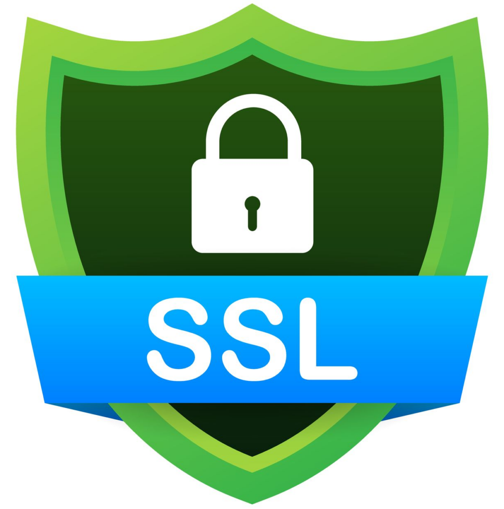 Secure connection icon with a shield outlined in green and a white lock over the text, "SSL"