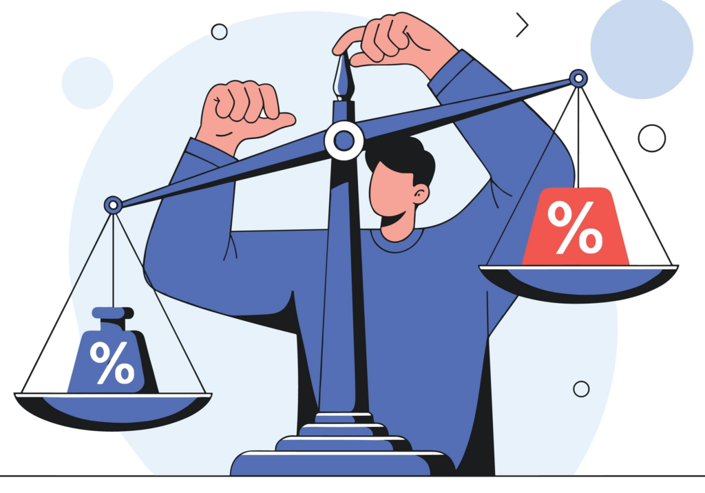 A cartoon man who is balancing two weights with the percent symbol on them on an antique scale.