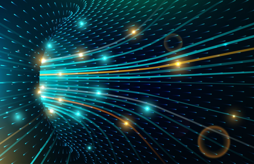 A digital tunnel with a series of teal lines led by teal and yellow dots, representing the many connections that NNTP pipelining enables.