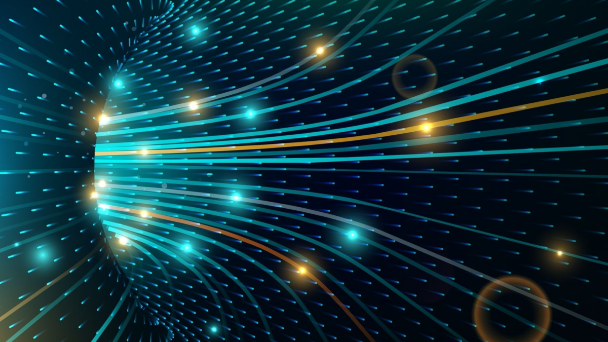 A digital tunnel with a series of teal lines led by teal and yellow dots, representing the many connections that NNTP pipelining enables.