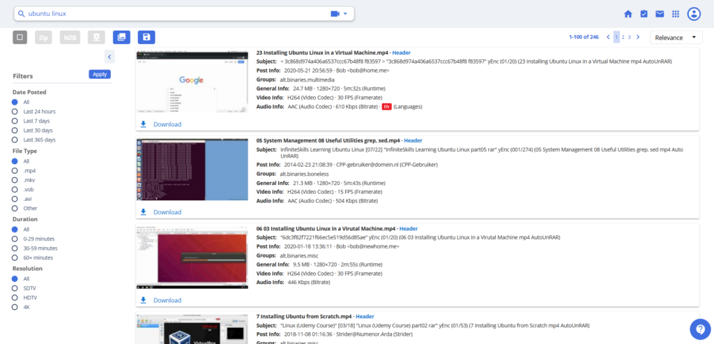 Easynews 3.0 interface. Somebody has searched for Ubuntu Linux and results have populated.