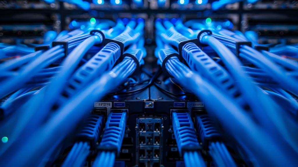 A close-up view of a bundle of colorful Internet LAN cables connected to networking equipment.
