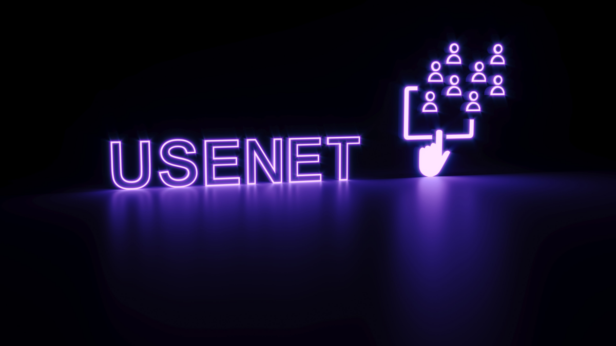 The word "Usenet" is written in purple neon with the icon of a hand pressing a touchscreen next to it and a bunch of icons representing people coming out of it.