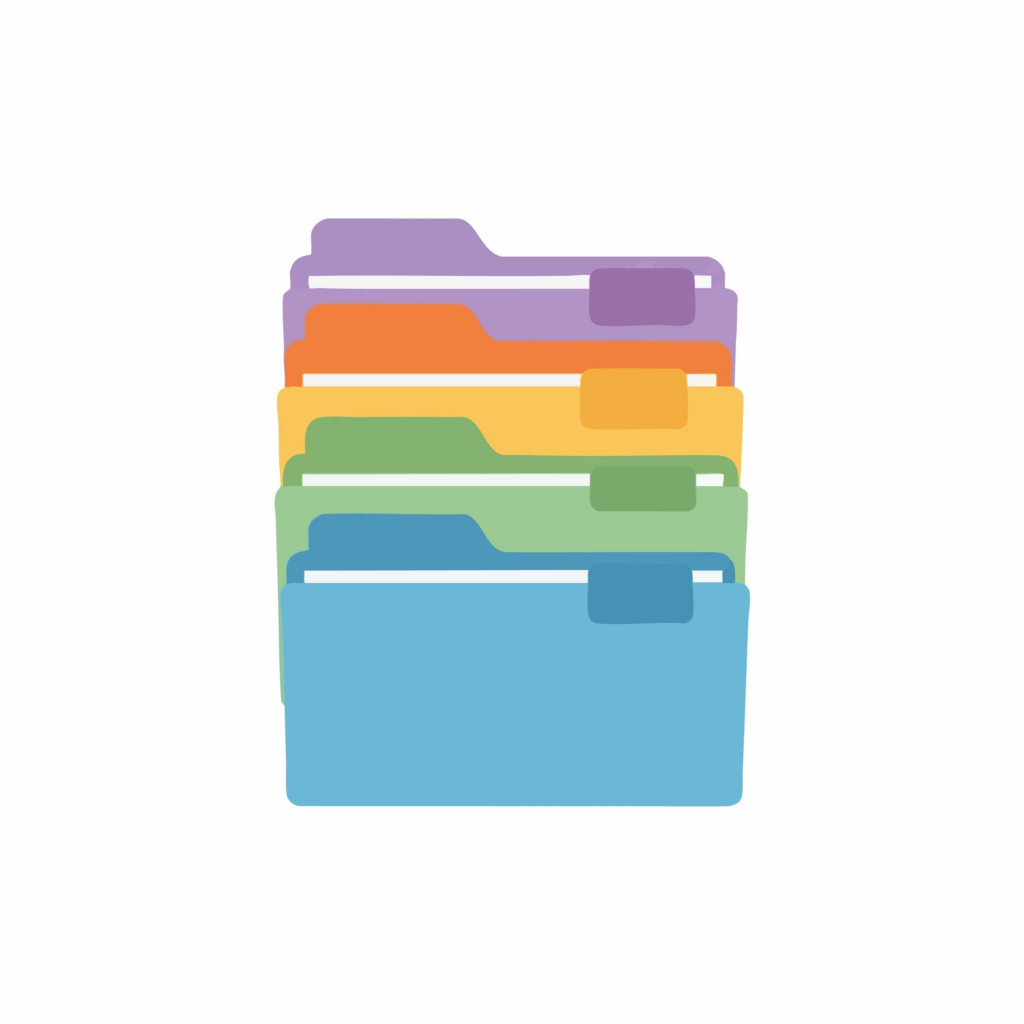 Five icons of file folders stacked on top of one another in (from top to bottom) purple, red, orange, green, and blue.