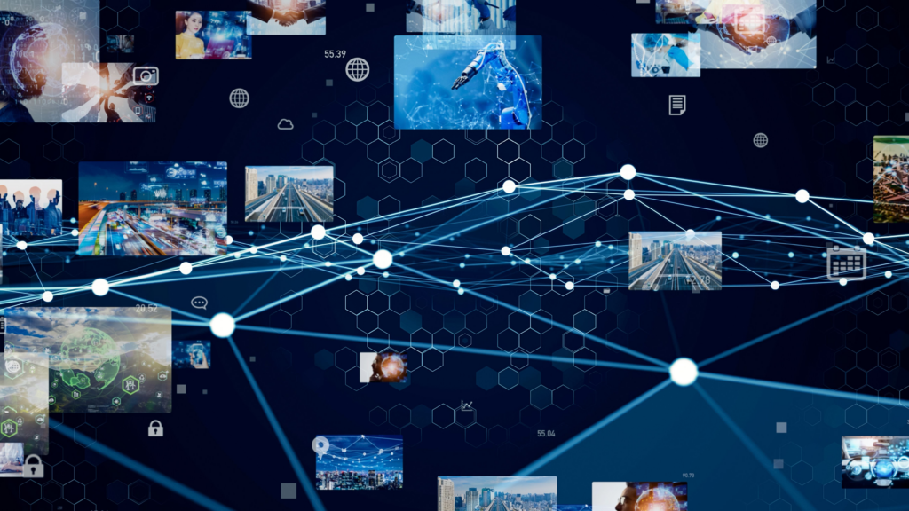 A network of lines terminating at white dots surrounded with frames from videos that have been distributed across Usenet with NNTP.