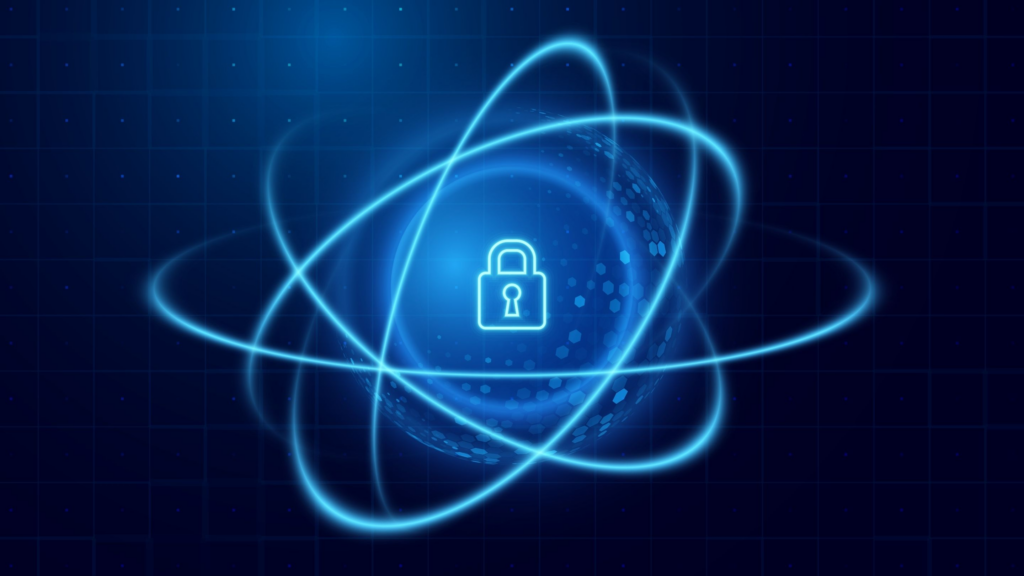 A neon blue lock surrounded by motion lines so it looks like a very secure model of an atom.
