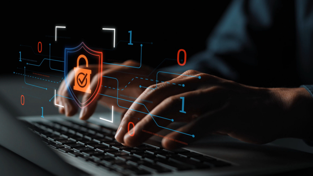 Hands typing on a laptop with cybersecurity elements and a lock Icon representing Usenet safety.