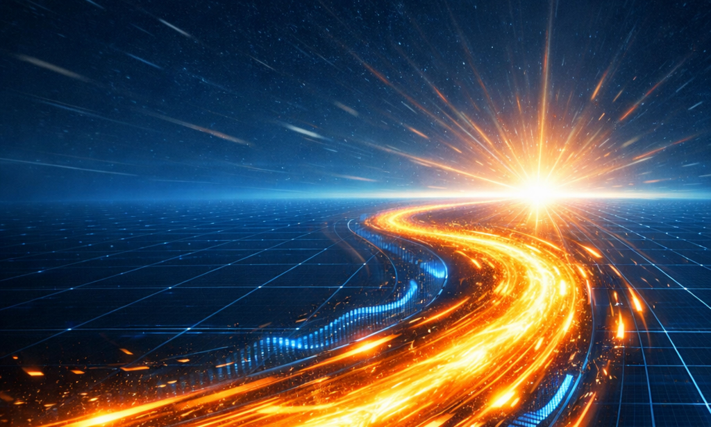 A futuristic digital landscape with a deep blue grid floor and horizon, cinematic perspective. A glowing orange-gold energy stream flows rapidly along a curved path, creating dynamic light trails, sparks, and motion particle.