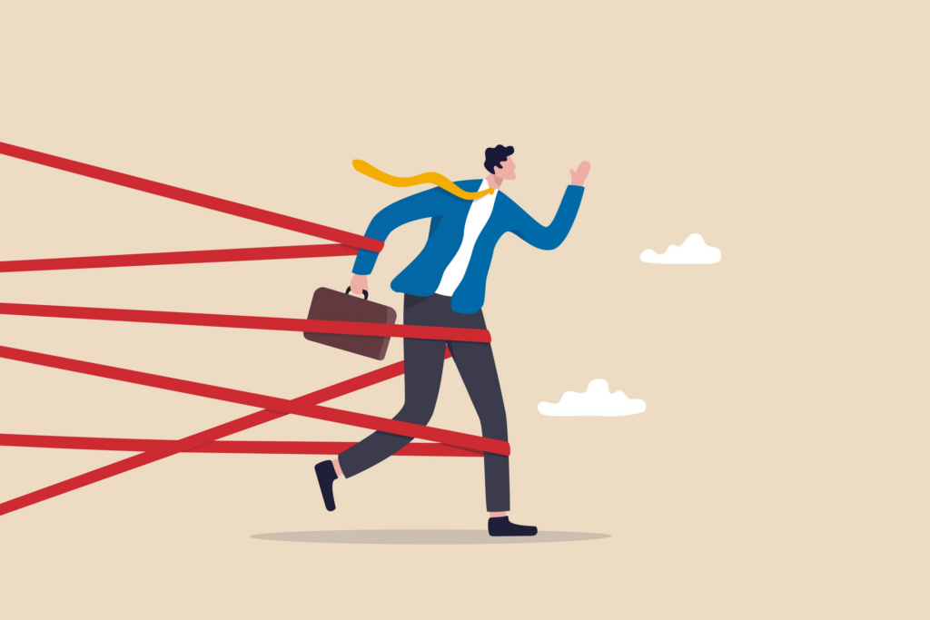 Cartoon of a business person trying to run forward, but being limited by the Crimson Bands of Cyttorak or something similar. Usenet search tools can help.
