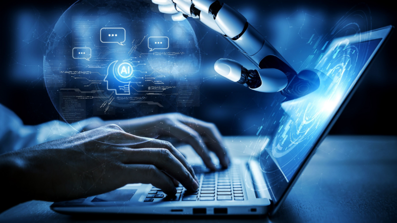 A person is manually searching on a laptop and a robot hand, visualizing Usenet search tools, is coming out of the screen.