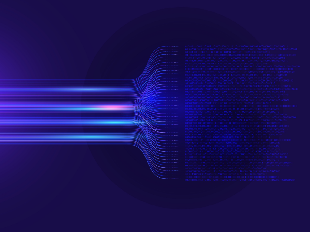A dynamic vector illustration showing a complex dataflow where multiple information lines stream into a central processing point of colorful nodes, emerging as digital computer numbers.