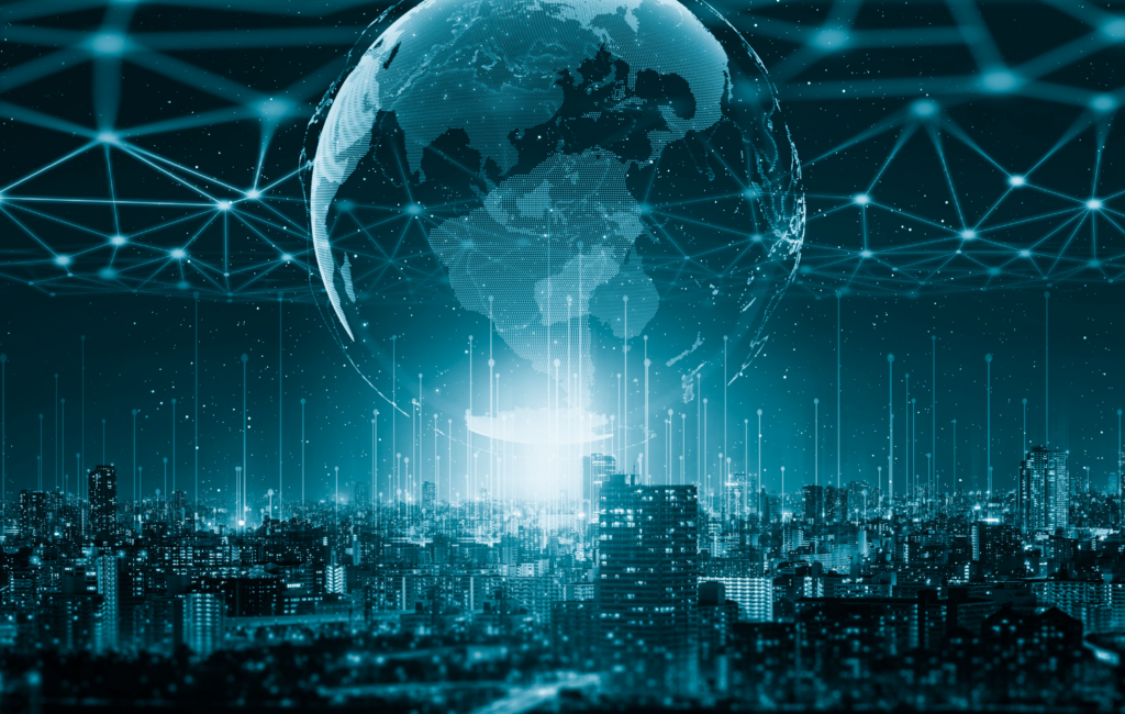A digital projection of the Earth over a city with a network of lines running parallel to it.