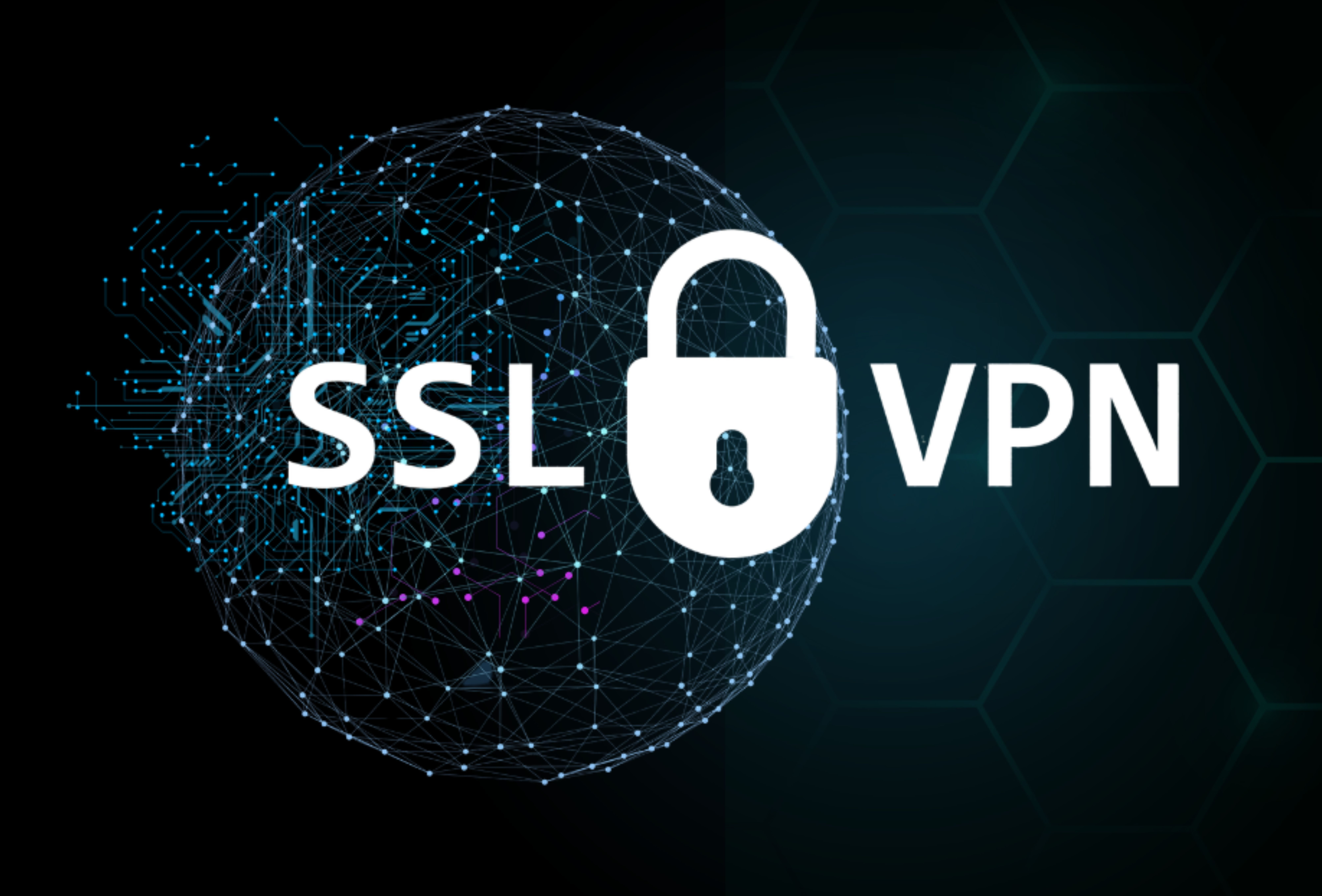 A white lock with "SSL" on one side and "VPN" on the other in front of a black background with a globe made of small dots. This is why a VPN for Usenet is a good complement to SSL.
