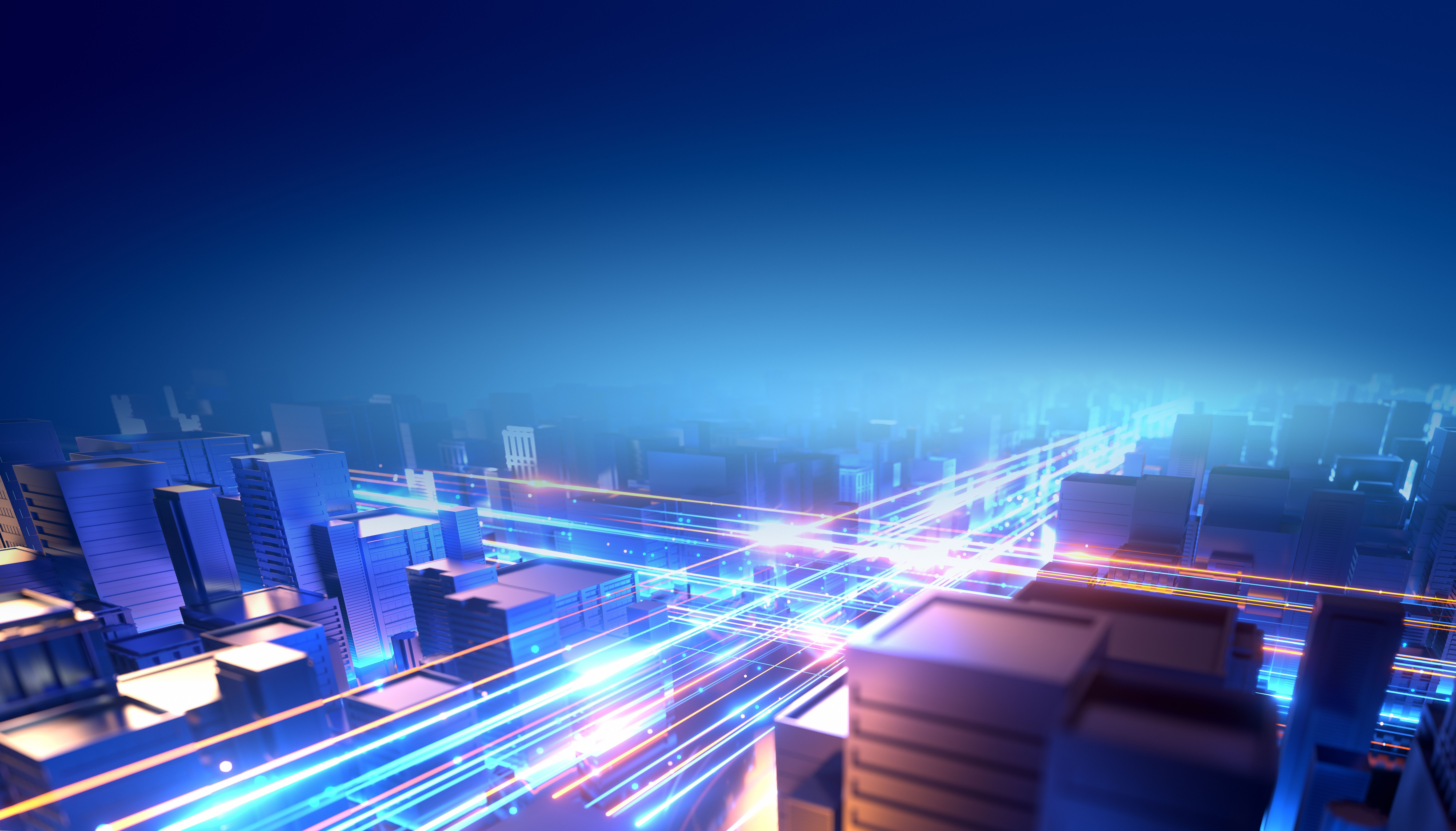A digital cityscape with motion lines demonstrating excellent Usenet speed.