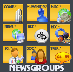 A 3x3 image of boxes for the Big 8 Hierarchies with "alt" in the center. Explains how newsgroups are split up on Usenet.