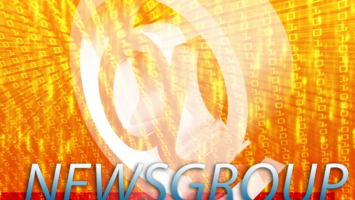 A semi-translucent 3d model of the "at" symbol in front of a red and yellow background. There are binary numbers in the background and the word "Newsgroups" in the foreground.