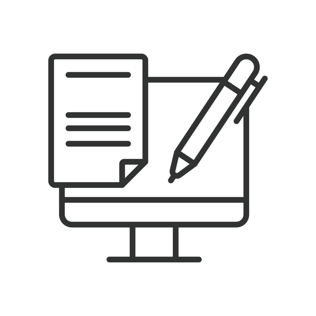 Icon of a computer monitor with a sketch of a document and a pen in front of it.