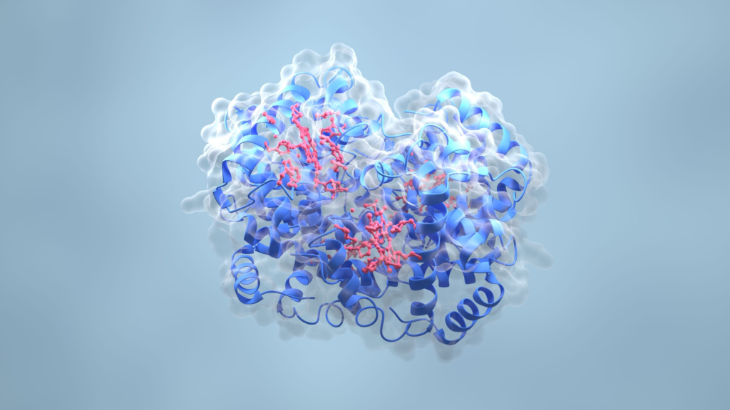 3D render of a hemoglobin molecule meant to represent Usenet article structure.