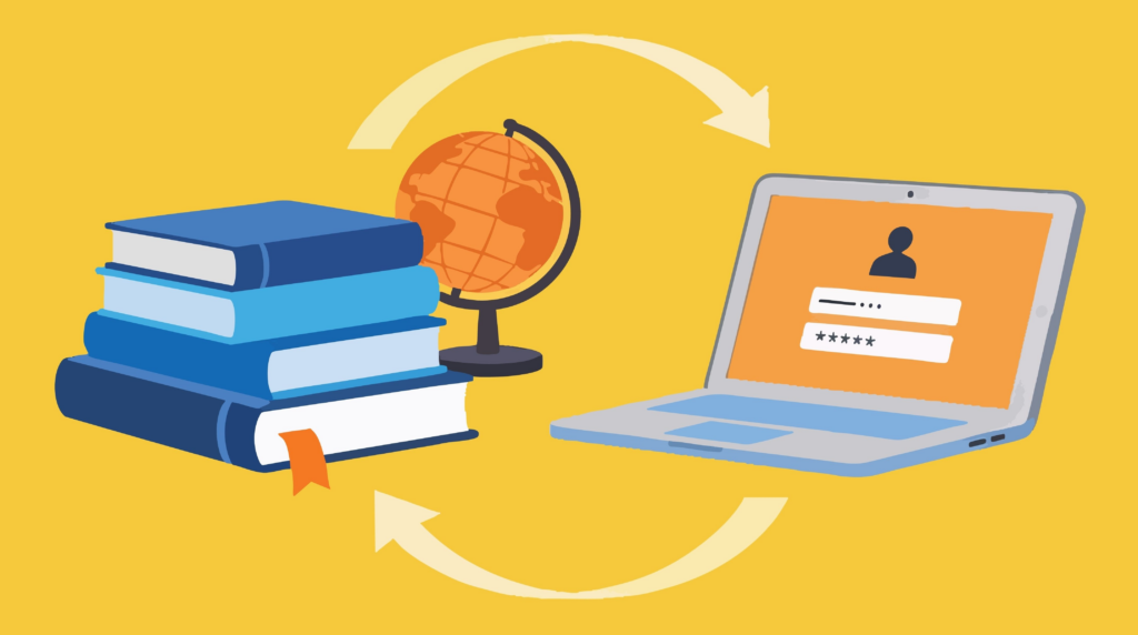 A cartoon of a laptop with the login prompt for a newsreader on the screen next to a stack of books. Arrows are pointing from one to the other, implying a cycle. There is an orange globe in the background.
