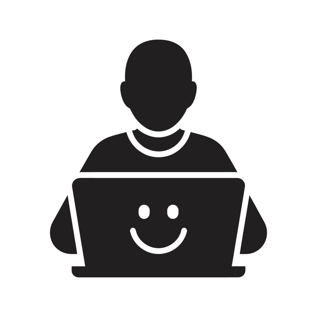 A black and white silhouette of a person using a laptop with a smiley face on it to run their newsreader.