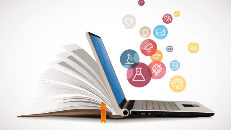 A laptop that is opening into a book with several icons erupting from the screen, a metaphorical newsreader.