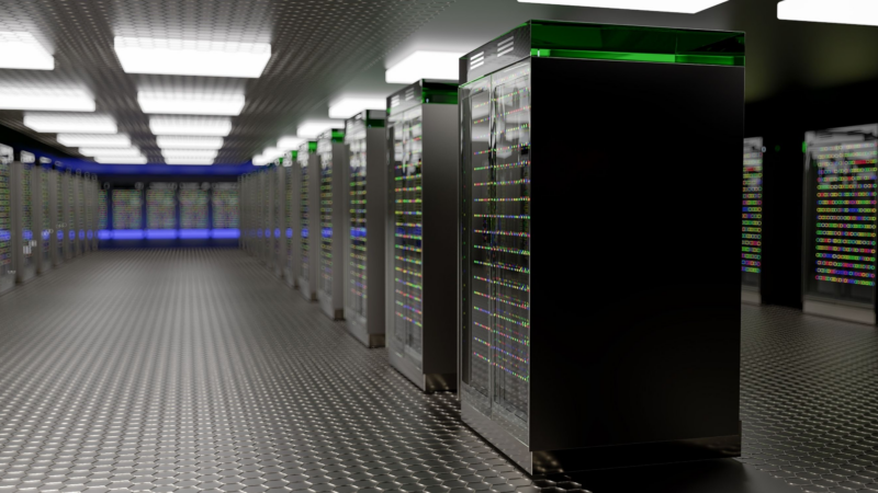 A Usenet server data center with several stacks of hard drives.