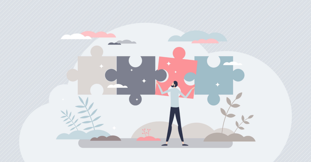 A small cartoon person is helping Usenet completion by fitting a missing puzzle piece into a line of giant puzzle pieces floating in mid-air.