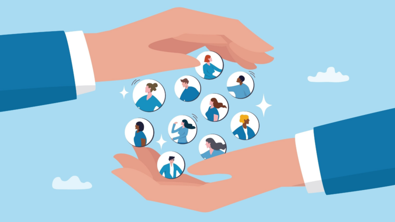 Two cartoon hands which have to be from different people unless one person has thumbs on the right side of both hands are held parallel to one another. There are cartoon images of various people representing posts, with the hands being Usenet article retention.