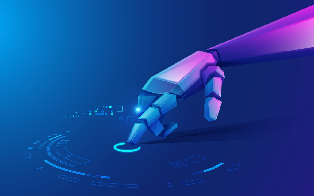 A Usenet automation robot hand touching a digital surface, creating ripples of light.